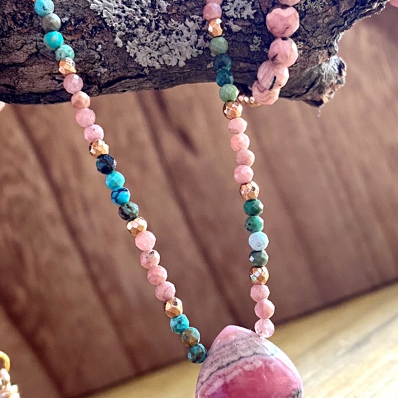 Genuine Rhodochrosite with Natural Turquoise Necklace 18K Plated Gold - Picture 10 of 10